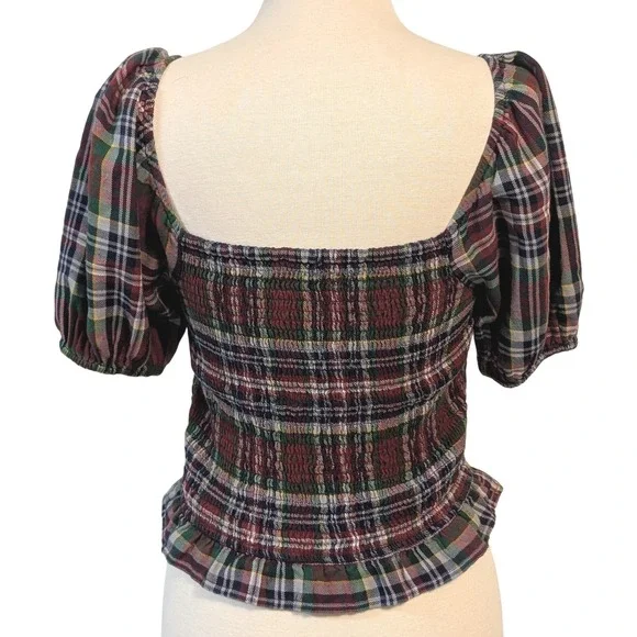 American Eagle Smocked Plaid Crop Top Short Puff Sleeve Square Neck M Y2K Retro - Picture 5 of 10